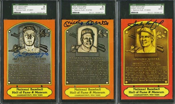 Lot of (12) PSA/DNA Slabbed Signed Dexter HOF Plaque Postcards Featuring Mantle, Koufax, DiMaggio & Mays